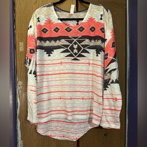 No Boundaries Coral and Black Aztec Long Sleeve Top